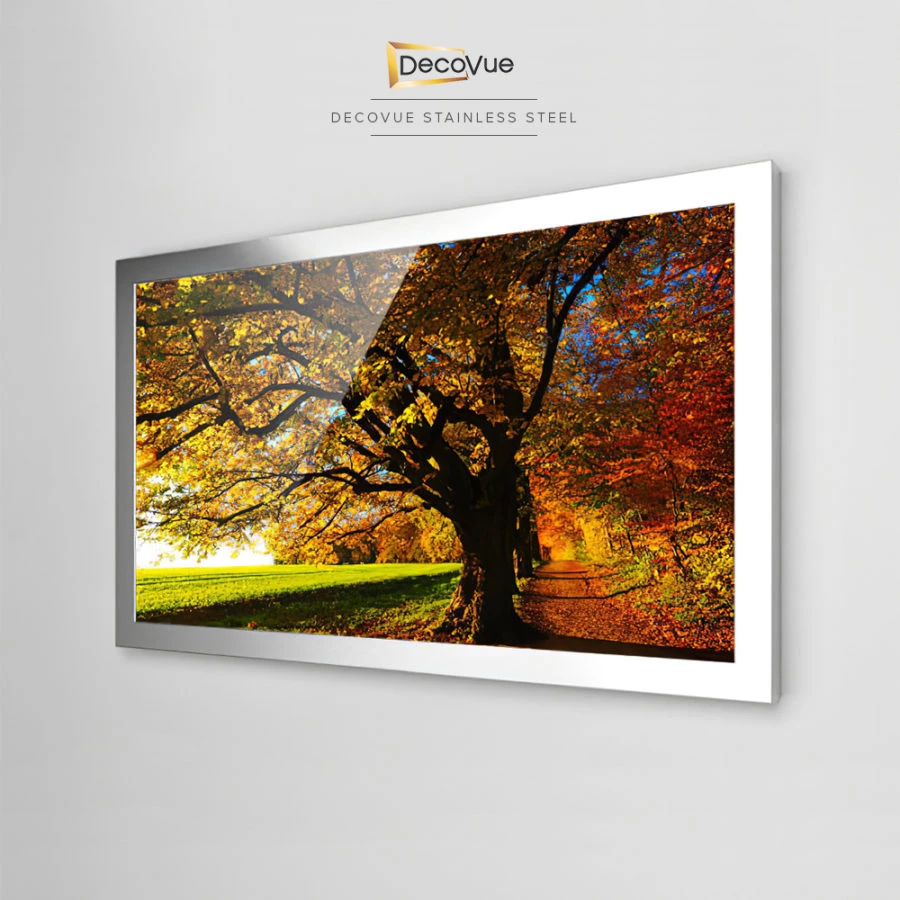 The DecoVue stainless steel framed mirror TV displays the fall foliage of Edinburgh.