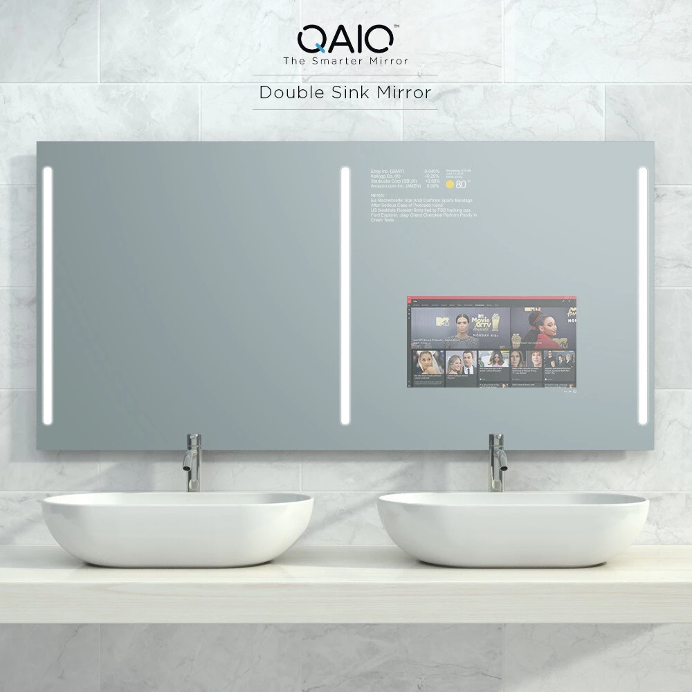 Smart mirror TV with double sinks and three LED strips, enhancing modern bathrooms in Leeds.