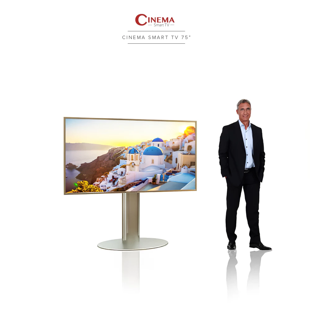 A sleek circular floor stand holds a 75-inch Cinema Smart TV in a modern Leicester setting.