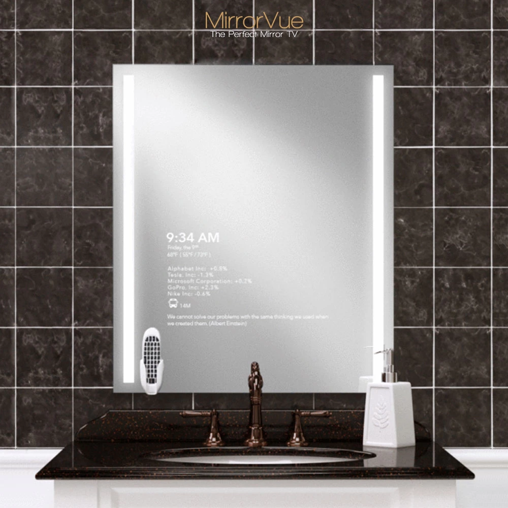 Premium MirrorVue Mirror TV displaying time and stock info clearly, located in London.