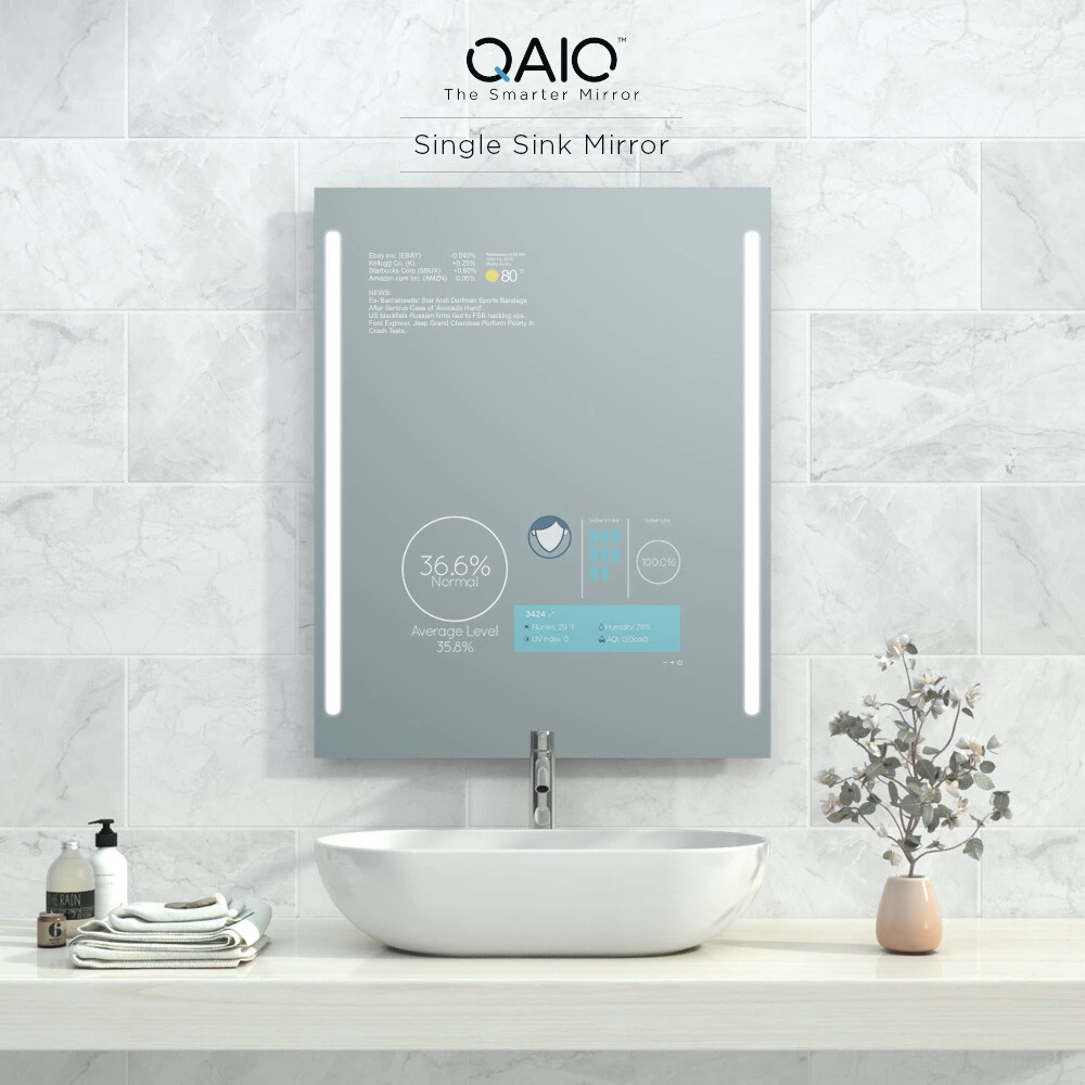 QAIO Single Sink Smart Mirror TV with two LED strips on each side, designed for London.