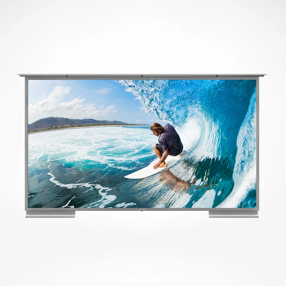 Front view of a sleek 75-inch Nottingham outdoor TV with stunning 4K Ultra HD resolution.