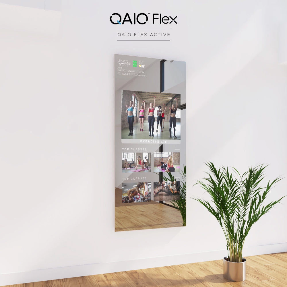 QAIO Flex Active Fitness Mirror on a wall in Edinburgh, adding style to modern interior design.