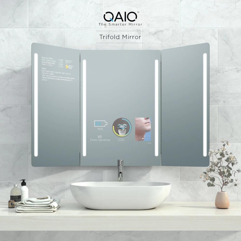 Premium QAIO trifold smart mirror TV with two LED strips, displayed in Leicester.